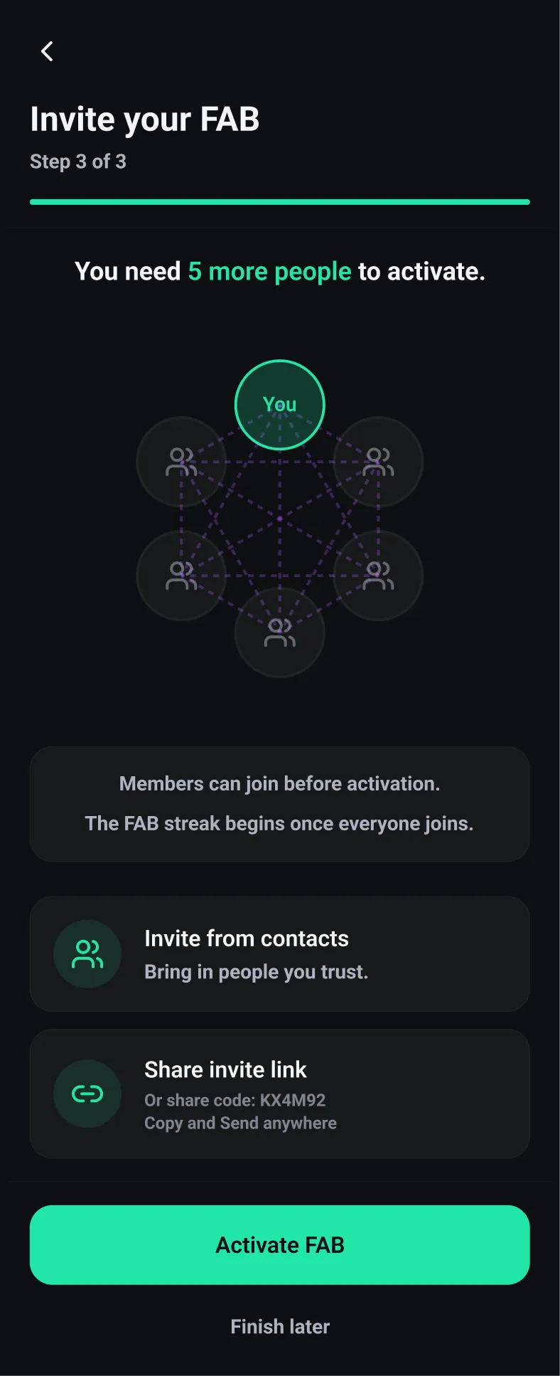 Invite Your FAB – step 3 screen