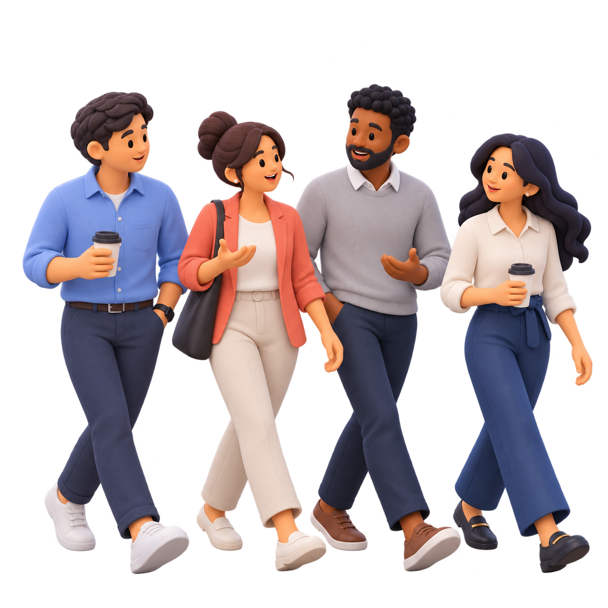 Four coworkers walking and talking together during a workday.